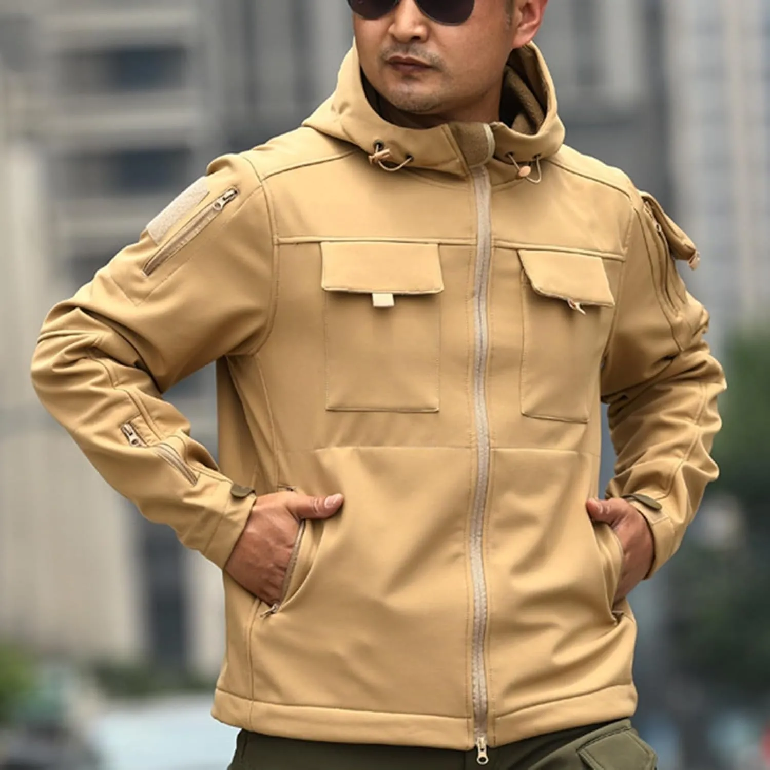 Mens Military Tactical Jackets Waterproof Outdoor Camouflage Hooded Cargo Jacket with Flap Pockets Hiking Raincoats