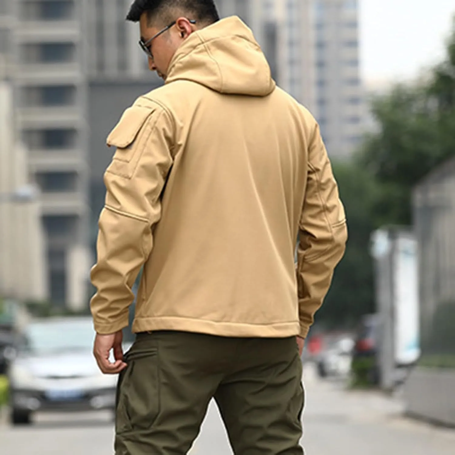 Mens Military Tactical Jackets Waterproof Outdoor Camouflage Hooded Cargo Jacket with Flap Pockets Hiking Raincoats