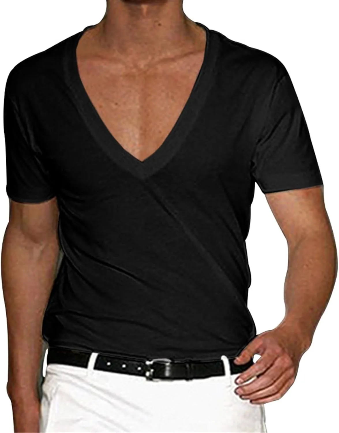 Mens Muscle T-Shirts Deep V Neck T Shirt Short Sleeve Workout T Shirts Gym Athletic Tee Shirts Bodybuilding T-Shirt