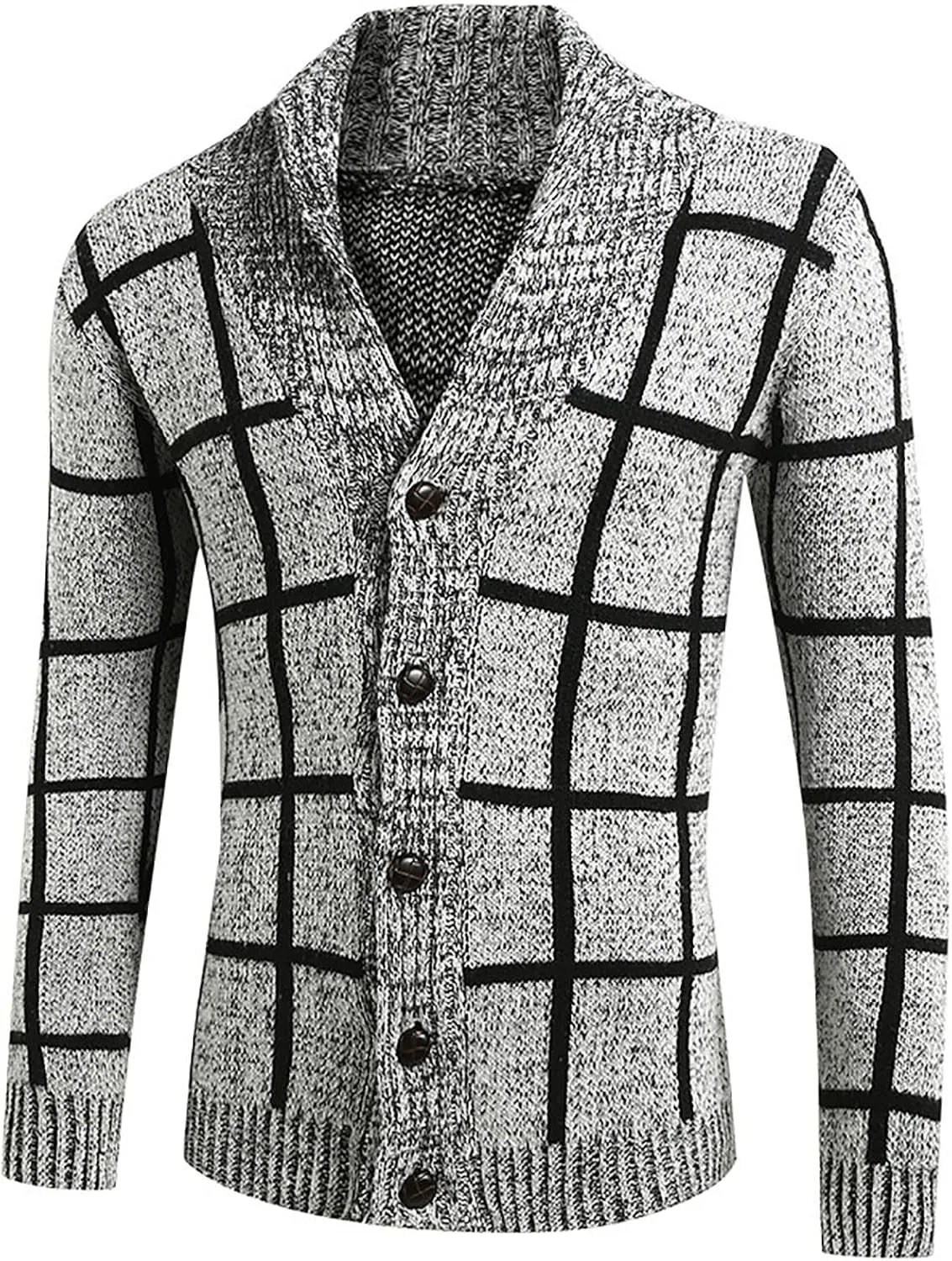 Mens Plaid Cardigan Sweater Button Down Knit Sweater Shawl Collar Cardigan Sweater Lightweight Long Sleeve Sweater