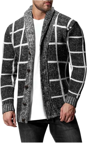 Mens Plaid Cardigan Sweater Button Down Knit Sweater Shawl Collar Cardigan Sweater Lightweight Long Sleeve Sweater