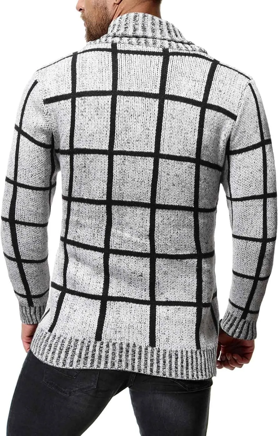 Mens Plaid Cardigan Sweater Button Down Knit Sweater Shawl Collar Cardigan Sweater Lightweight Long Sleeve Sweater