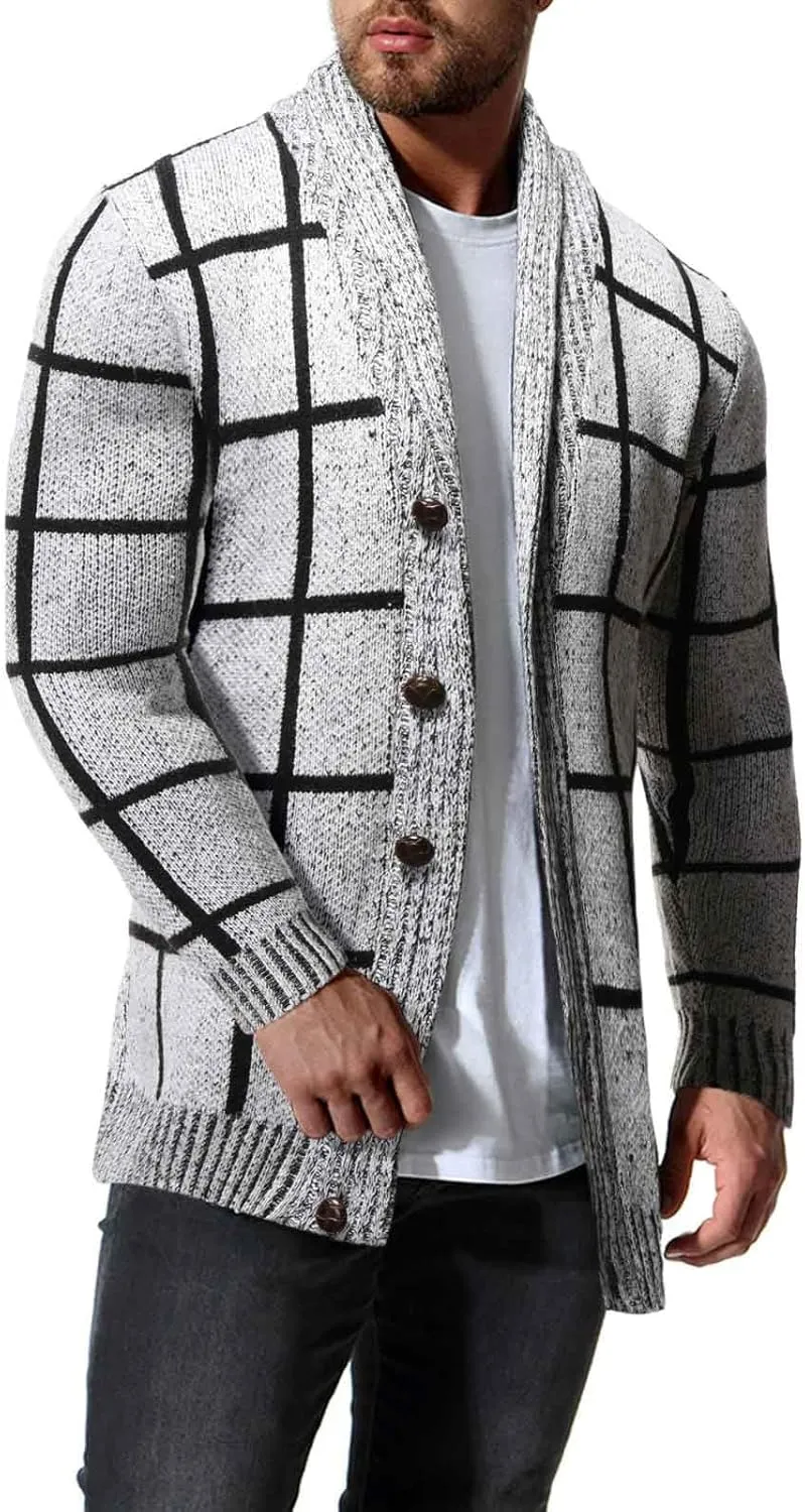 Mens Plaid Cardigan Sweater Button Down Knit Sweater Shawl Collar Cardigan Sweater Lightweight Long Sleeve Sweater
