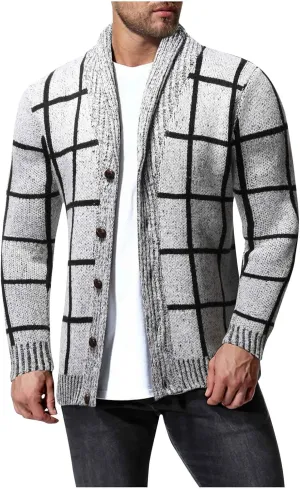 Mens Plaid Cardigan Sweater Button Down Knit Sweater Shawl Collar Cardigan Sweater Lightweight Long Sleeve Sweater