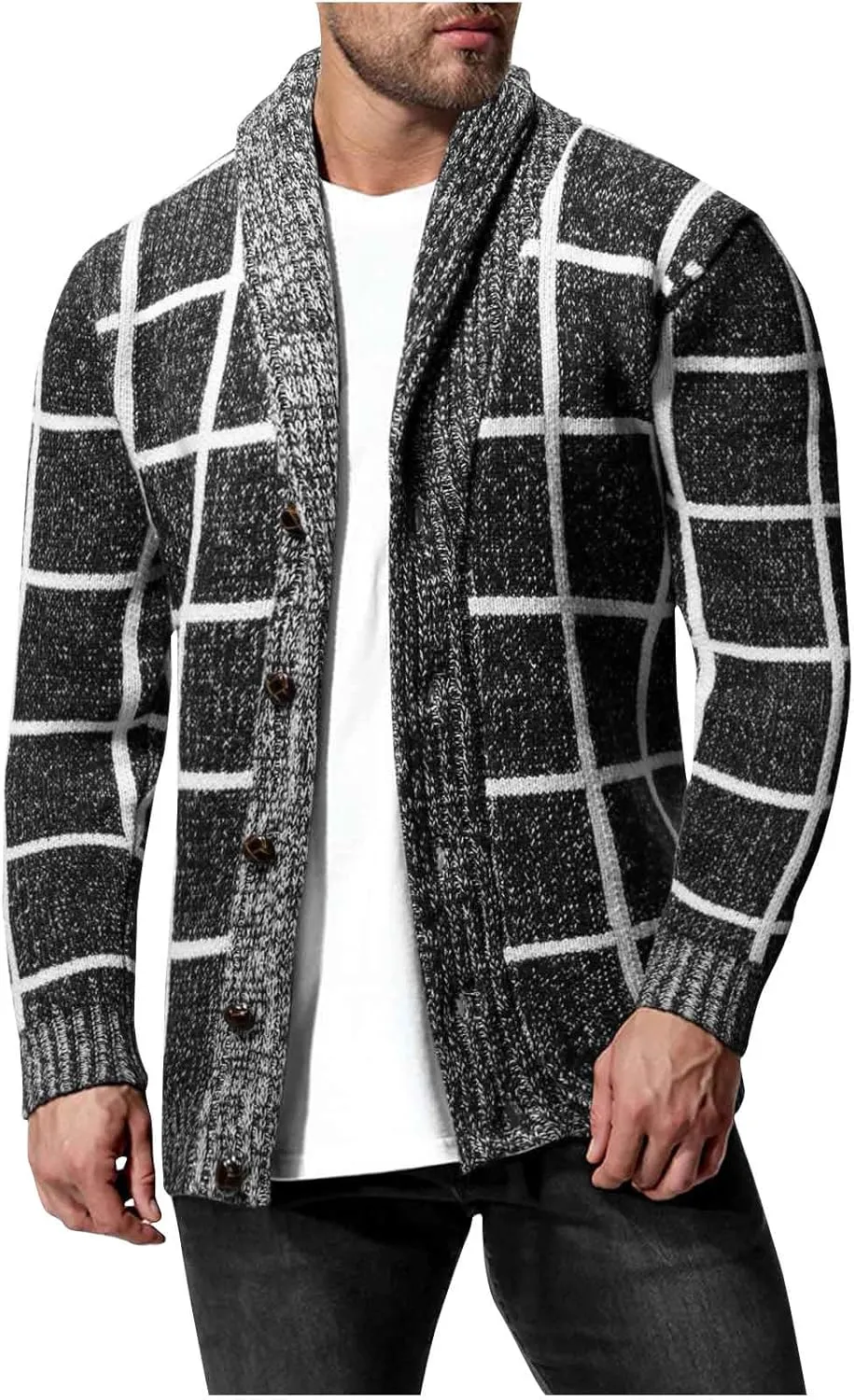 Mens Plaid Cardigan Sweater Button Down Knit Sweater Shawl Collar Cardigan Sweater Lightweight Long Sleeve Sweater