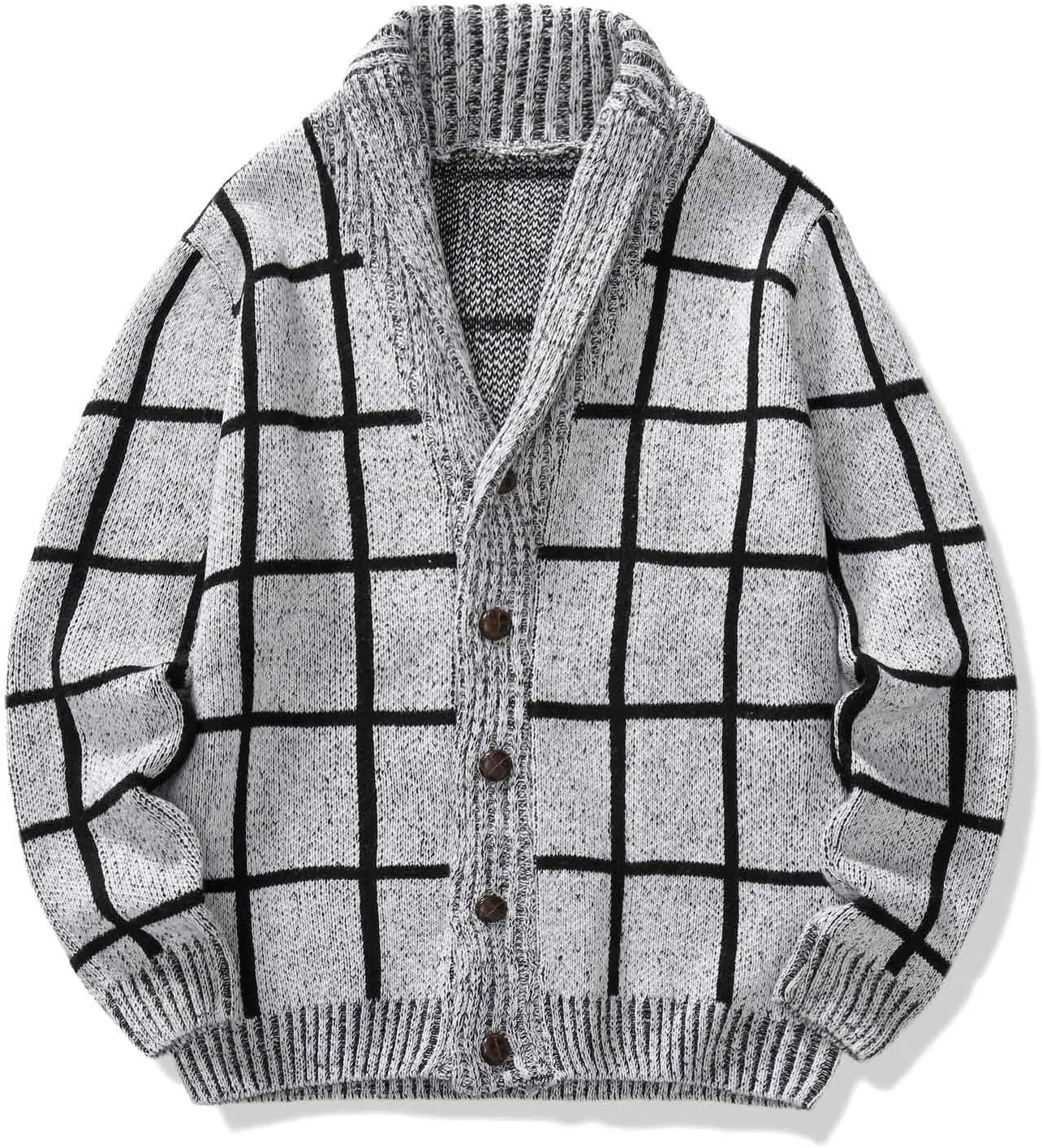 Mens Plaid Cardigan Sweater Button Down Knit Sweater Shawl Collar Cardigan Sweater Lightweight Long Sleeve Sweater