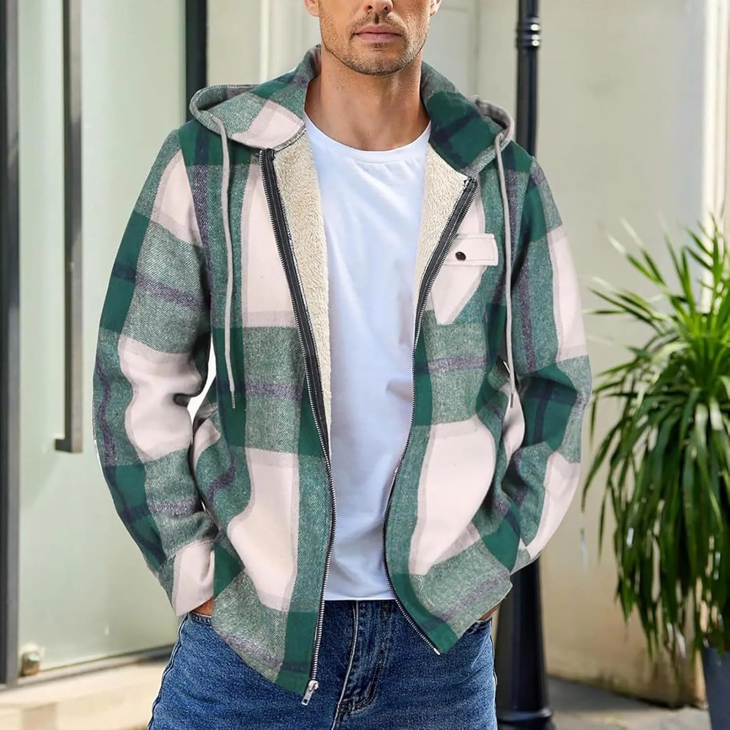 Mens Sherpa Hoodie Full-Zip Fleece Casual Sweatshirt Heavyweight Thick Warm Hooded