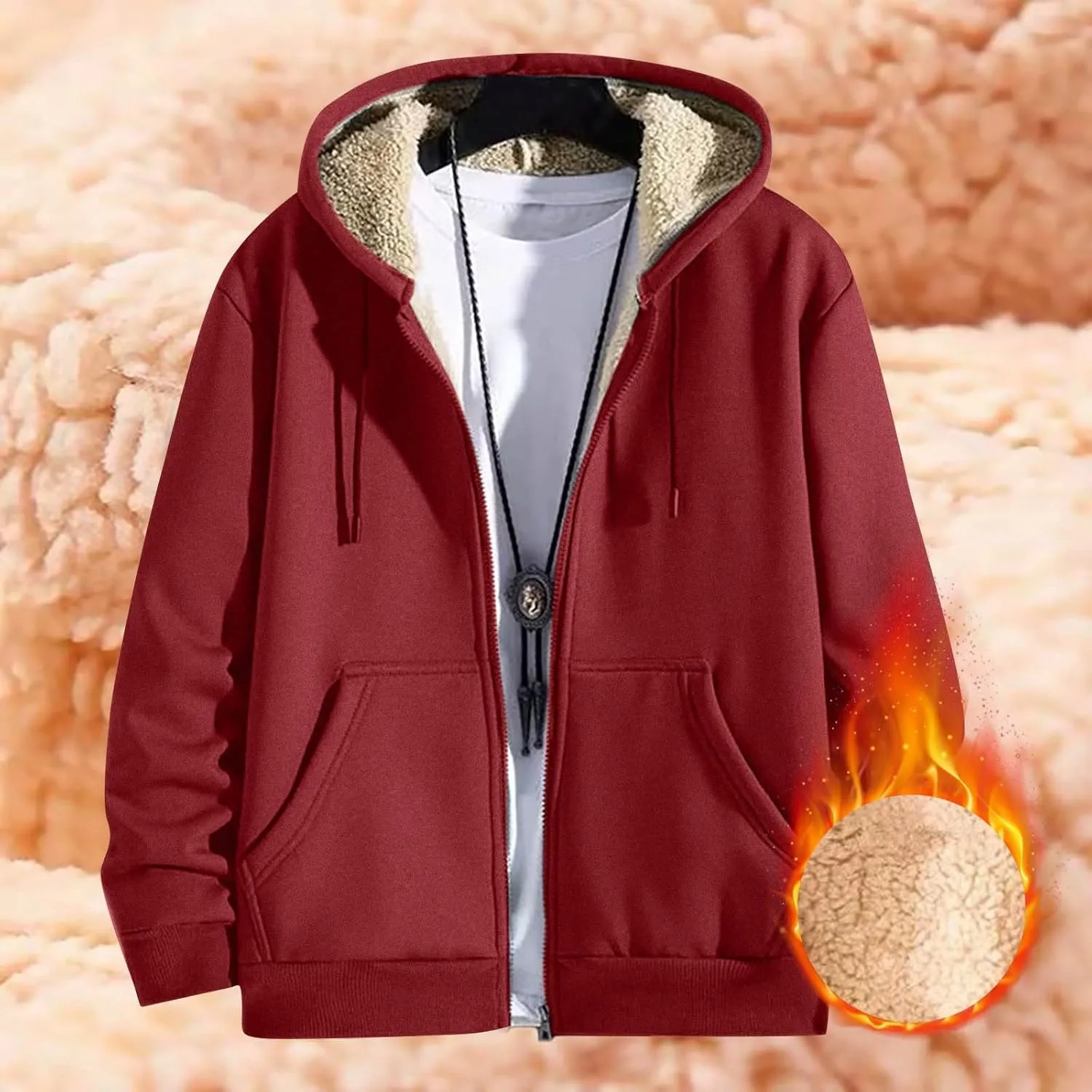 Mens Sherpa Lined Hoodie Zip Up Warm Thick Hoodies Heavyweight Casual Fleece Hooded