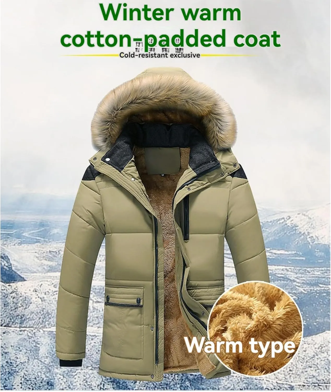 Men's Sherpa Lined Hoodies Zip Up Quilted Puffer Jacket Removable Fur Collar Jacket Windbreak Thicken Winter Coat
