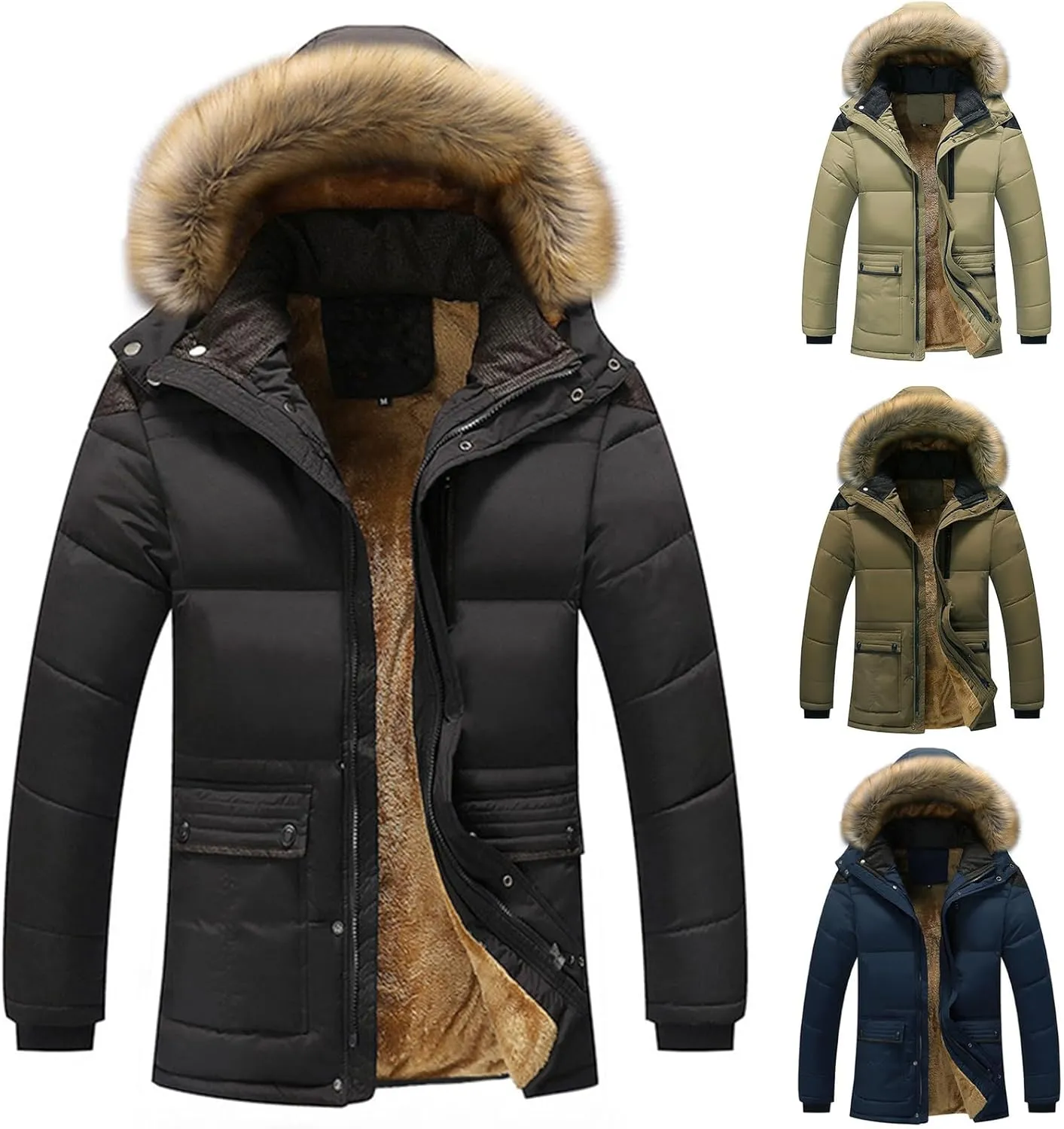 Men's Sherpa Lined Hoodies Zip Up Quilted Puffer Jacket Removable Fur Collar Jacket Windbreak Thicken Winter Coat