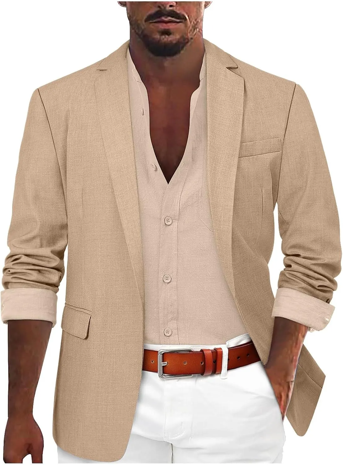 Mens Slim Fit Lightweight Linen Jacket Tailored Blazer Sport Coat One Button Business Suit Jackets Stylish Daily Suits