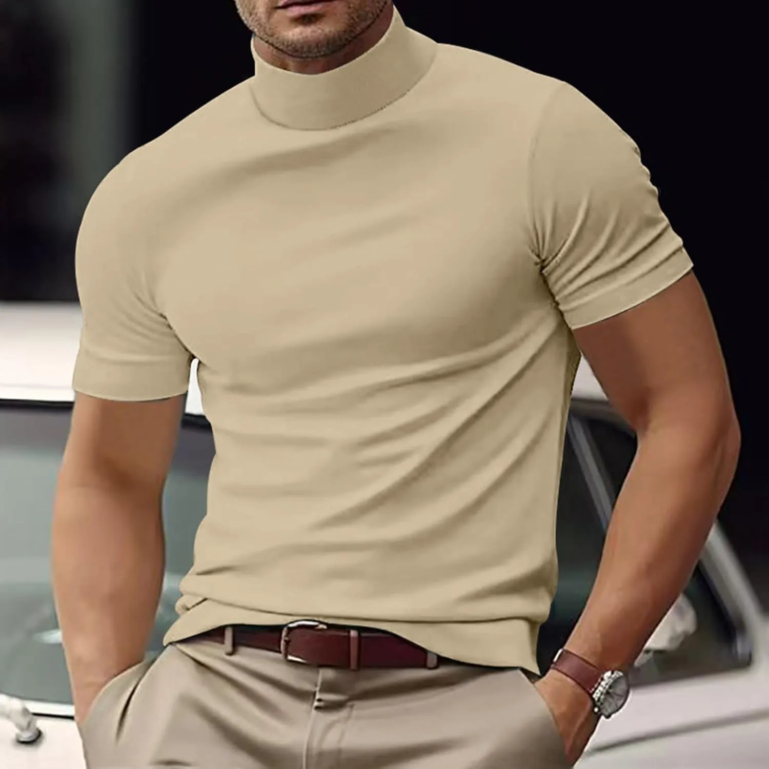 Mens T Shirt Short Sleeve Basic Mock Turtleneck Tshirts Slim Fit Undershirt Pullover Thermal Solid Shirts Tops Men