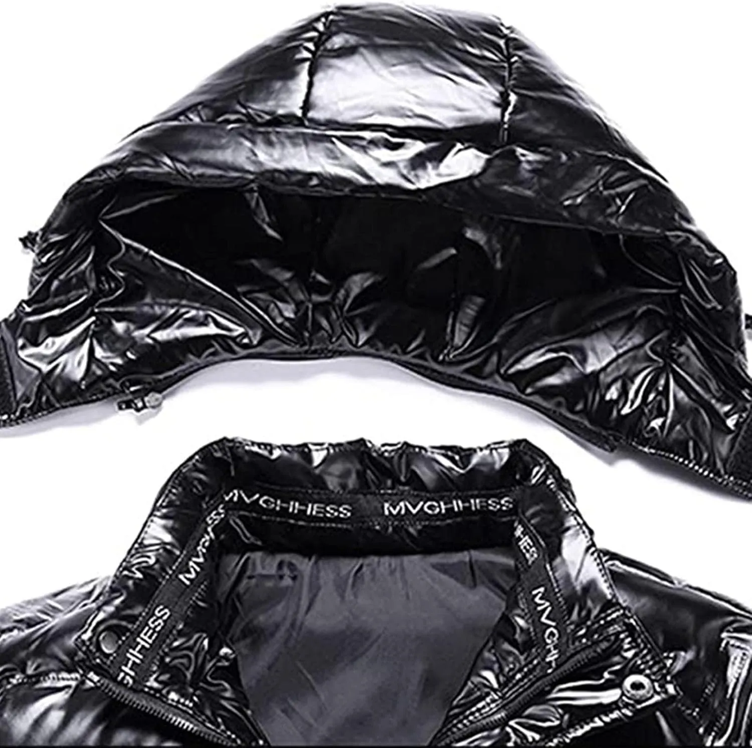 Men's Thermal Shiny Puffer Jacket Winter Hooded Water-Resistant Coat Insulated Padded Puffy Quilted Coat with Pocket
