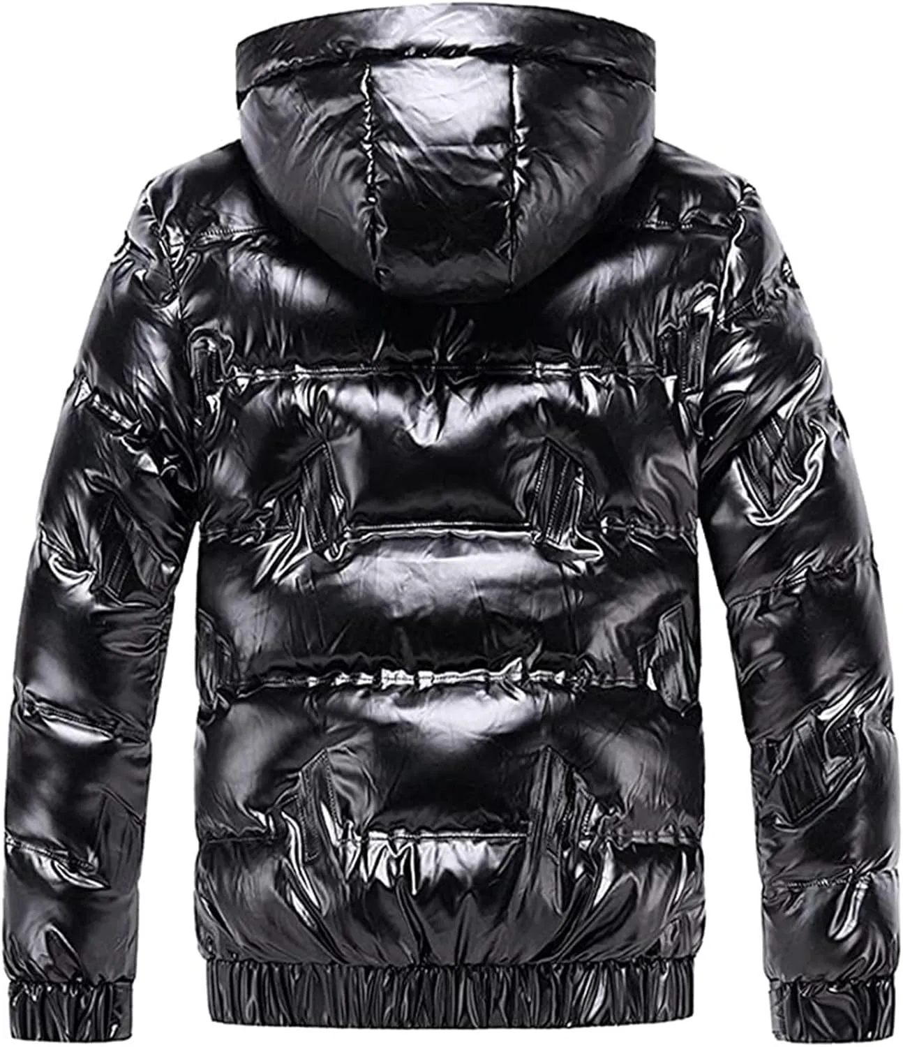Men's Thermal Shiny Puffer Jacket Winter Hooded Water-Resistant Coat Insulated Padded Puffy Quilted Coat with Pocket