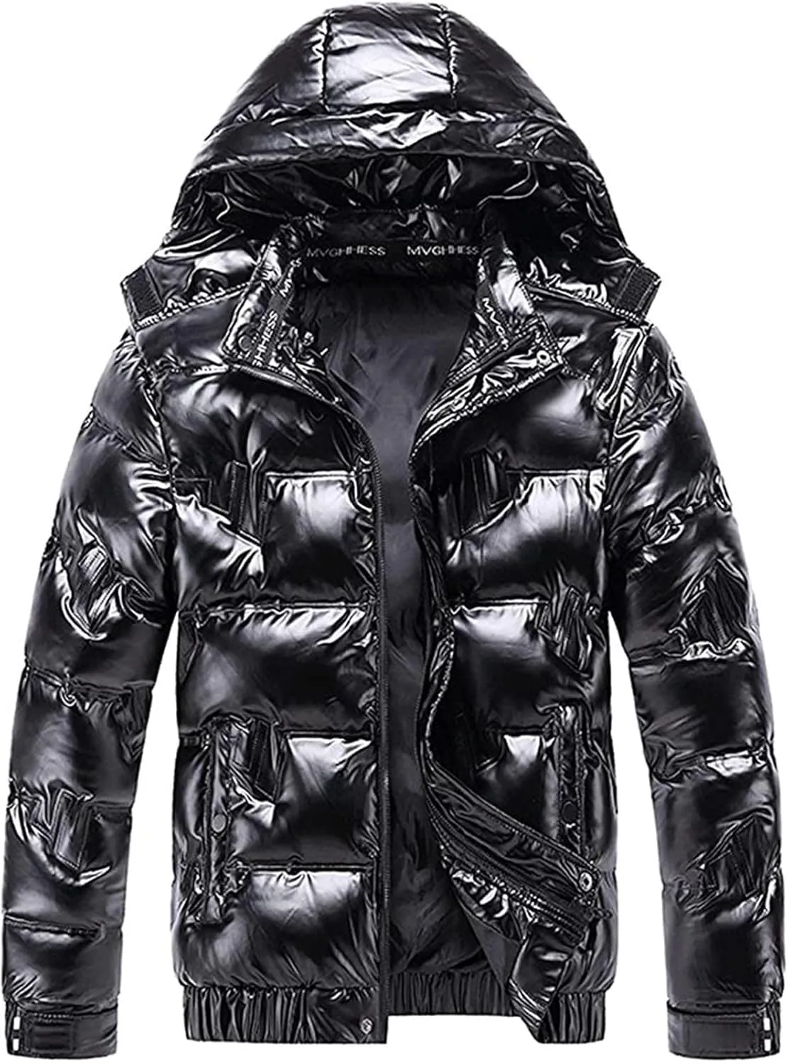 Men's Thermal Shiny Puffer Jacket Winter Hooded Water-Resistant Coat Insulated Padded Puffy Quilted Coat with Pocket
