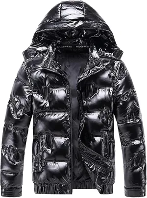 Men's Thermal Shiny Puffer Jacket Winter Hooded Water-Resistant Coat Insulated Padded Puffy Quilted Coat with Pocket