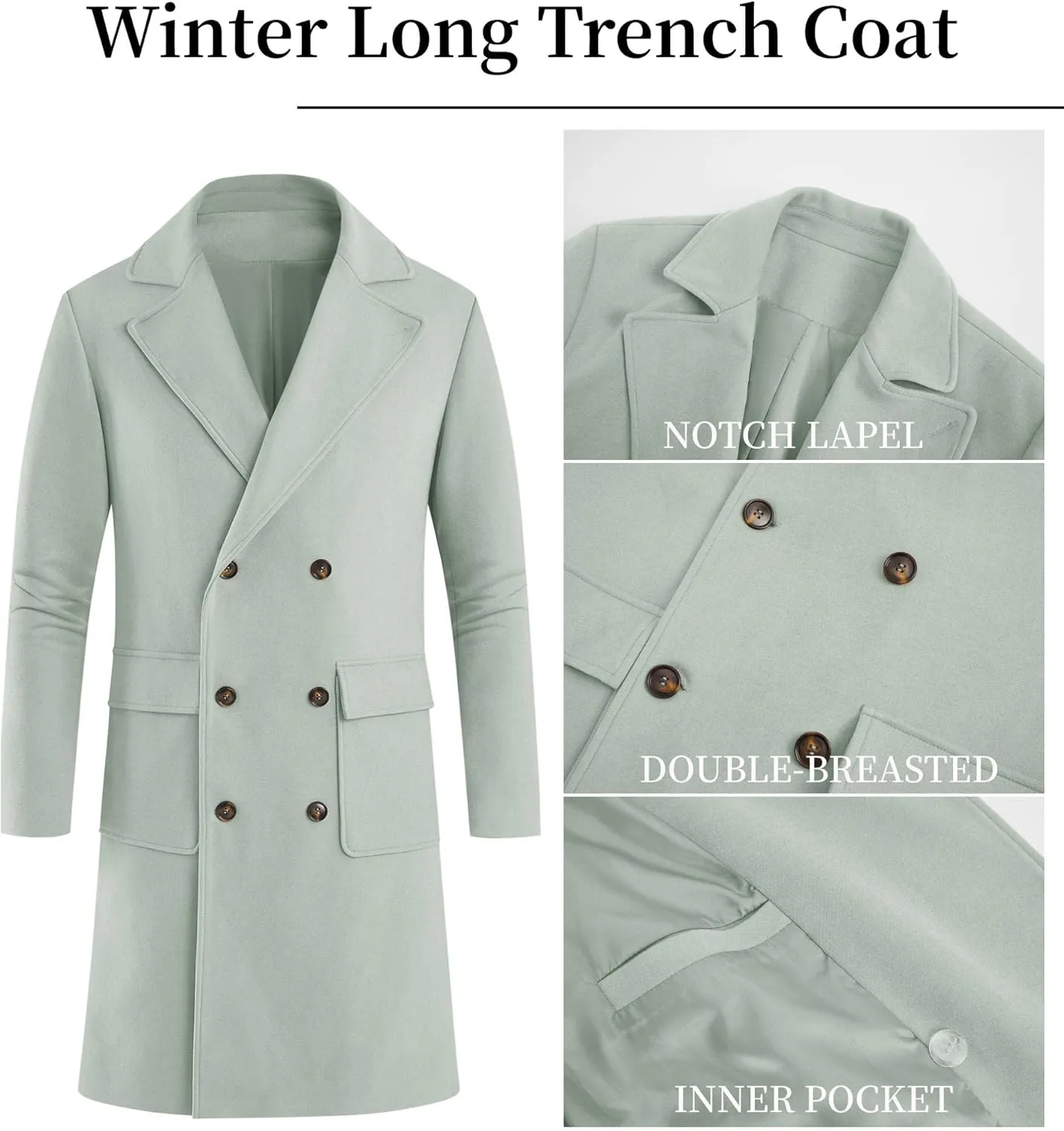 Mens Trench Coat Slim Fit Double Breasted Long Overcoat Classic Fall Winter Topcoat