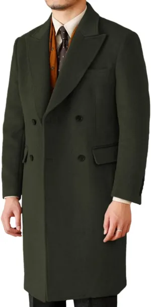 Mens Trench Overcoat Long Jacket Peak Lapel Slim Fit Double Breasted Classic Fall Winter Topcoat