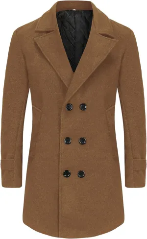 Men's Trench Winter Pea Coat Notched Collar Warm Single Breasted Overcoat with Pockets