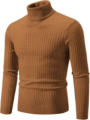 Mens Turtleneck Sweater Slim Fit Cable Knitted Casual Pullover Lightweight Ribbed Long Sleeve Sweaters