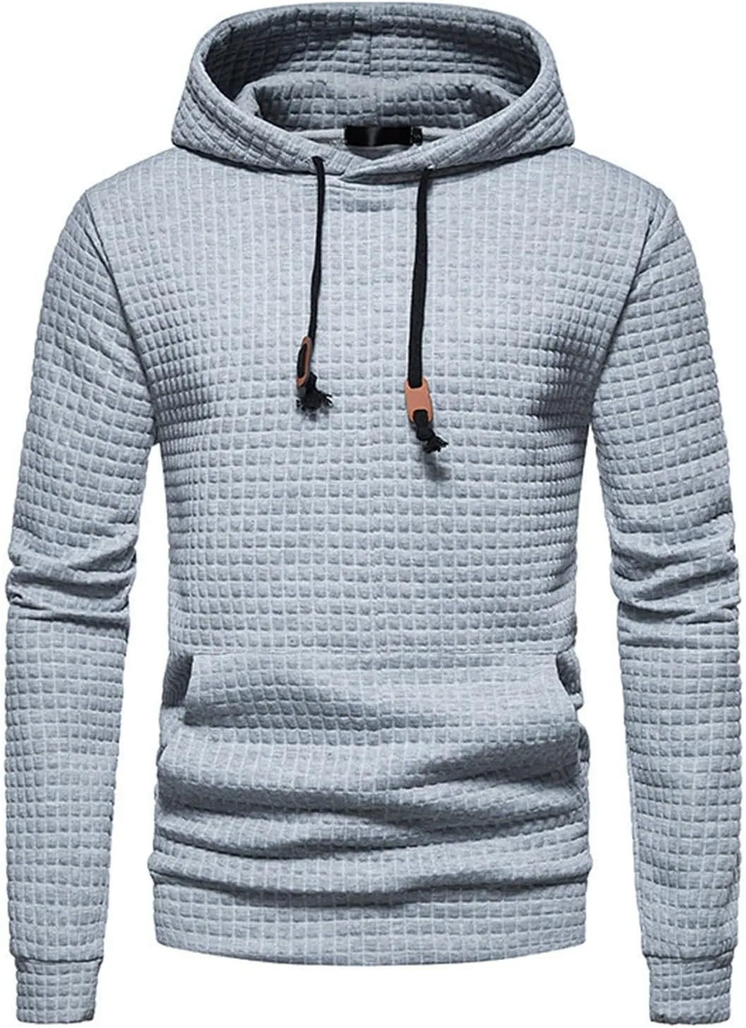 Mens Waffle Hoodie Plain Hooded Sweatshirts Casual Workout Spring Tee Long Sleeve Fashion Drawstring Top with Pocket