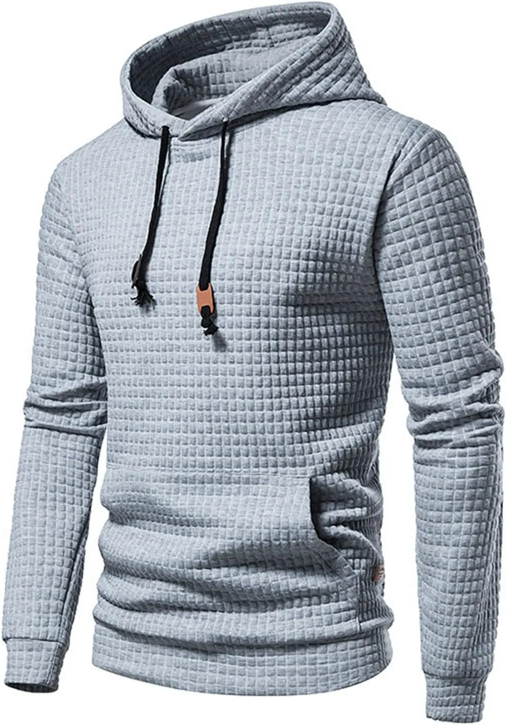 Mens Waffle Hoodie Plain Hooded Sweatshirts Casual Workout Spring Tee Long Sleeve Fashion Drawstring Top with Pocket