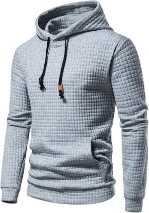 Mens Waffle Hoodie Plain Hooded Sweatshirts Casual Workout Spring Tee Long Sleeve Fashion Drawstring Top with Pocket