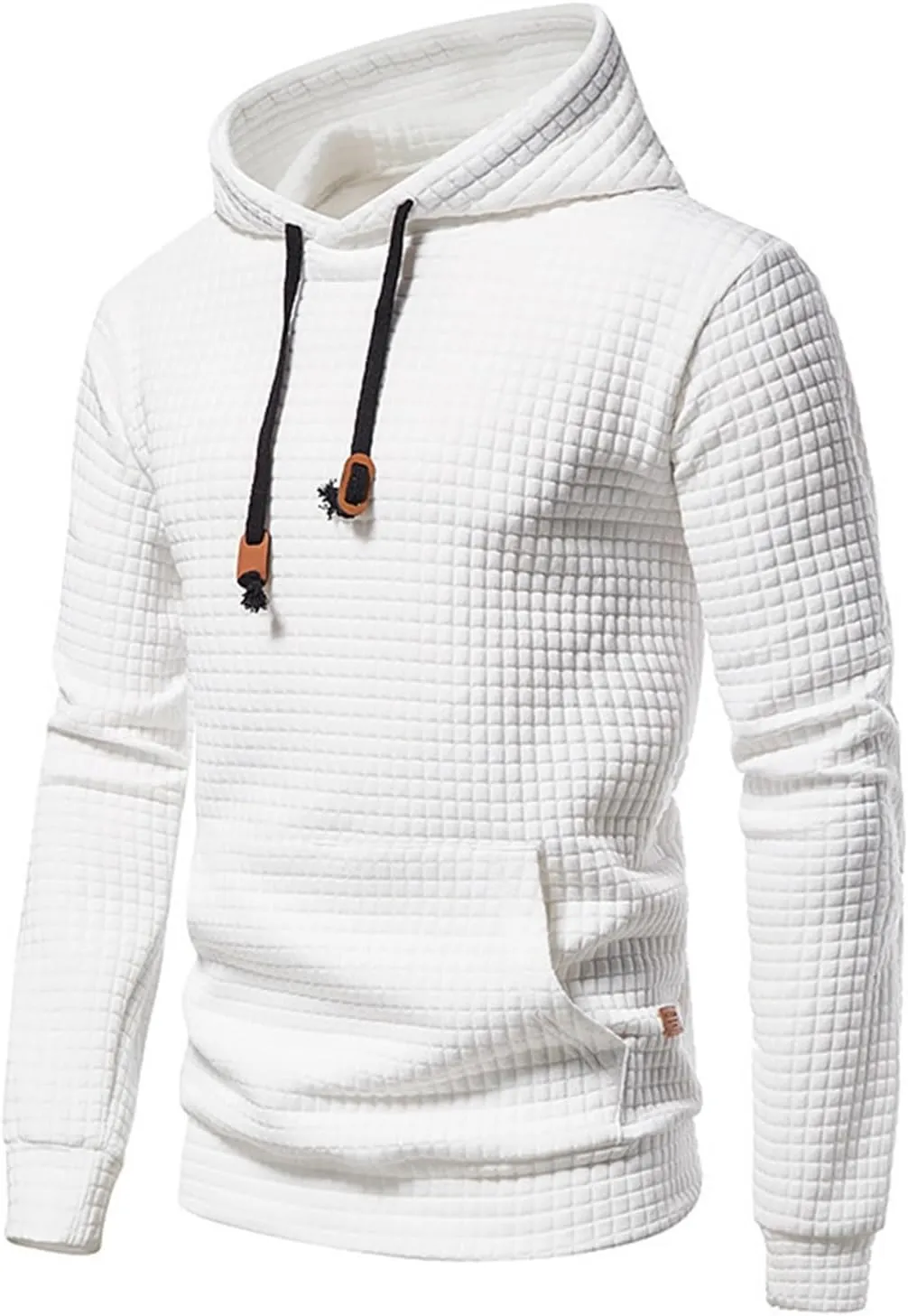 Mens Waffle Hoodie Plain Hooded Sweatshirts Casual Workout Spring Tee Long Sleeve Fashion Drawstring Top with Pocket