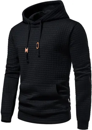 Mens Waffle Hoodie Plain Hooded Sweatshirts Casual Workout Spring Tee Long Sleeve Fashion Drawstring Top with Pocket