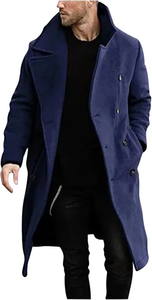 Men's Woolen Pea Coat Slim Fit Double Breasted Winter Wool Trench Coats Business Down Jacket Notch Lapel Office Overcoats
