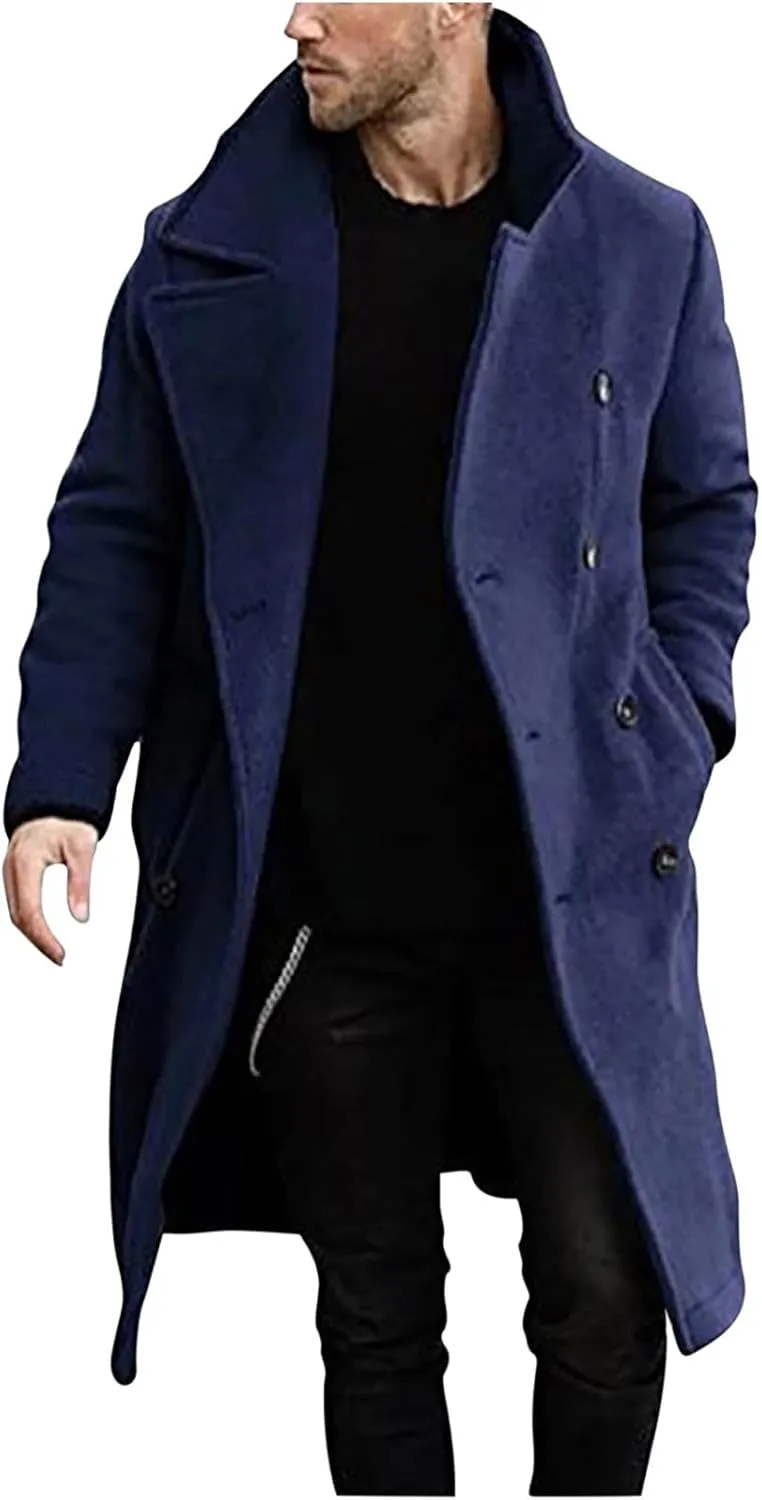 Men's Woolen Pea Coat Slim Fit Double Breasted Winter Wool Trench Coats Business Down Jacket Notch Lapel Office Overcoats