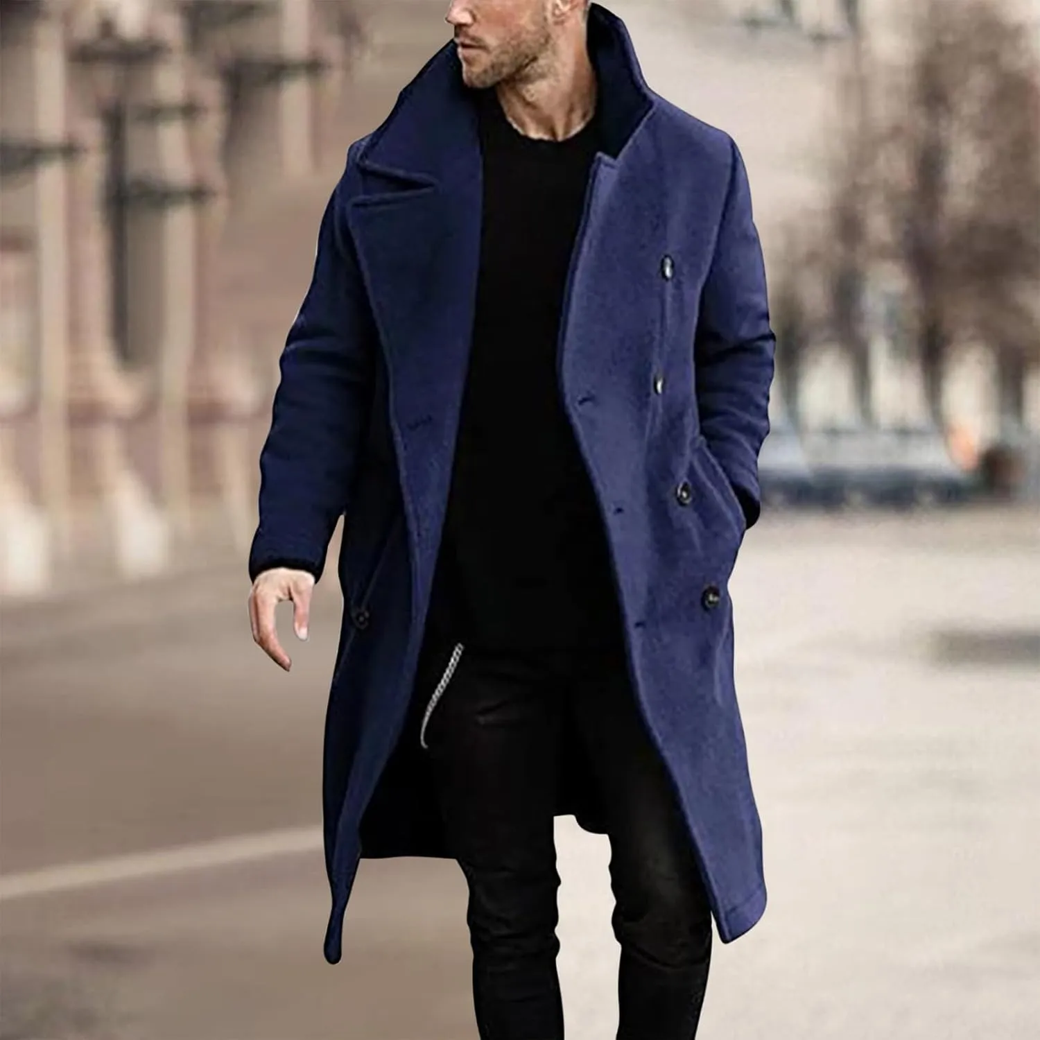 Men's Woolen Pea Coat Slim Fit Double Breasted Winter Wool Trench Coats Business Down Jacket Notch Lapel Office Overcoats