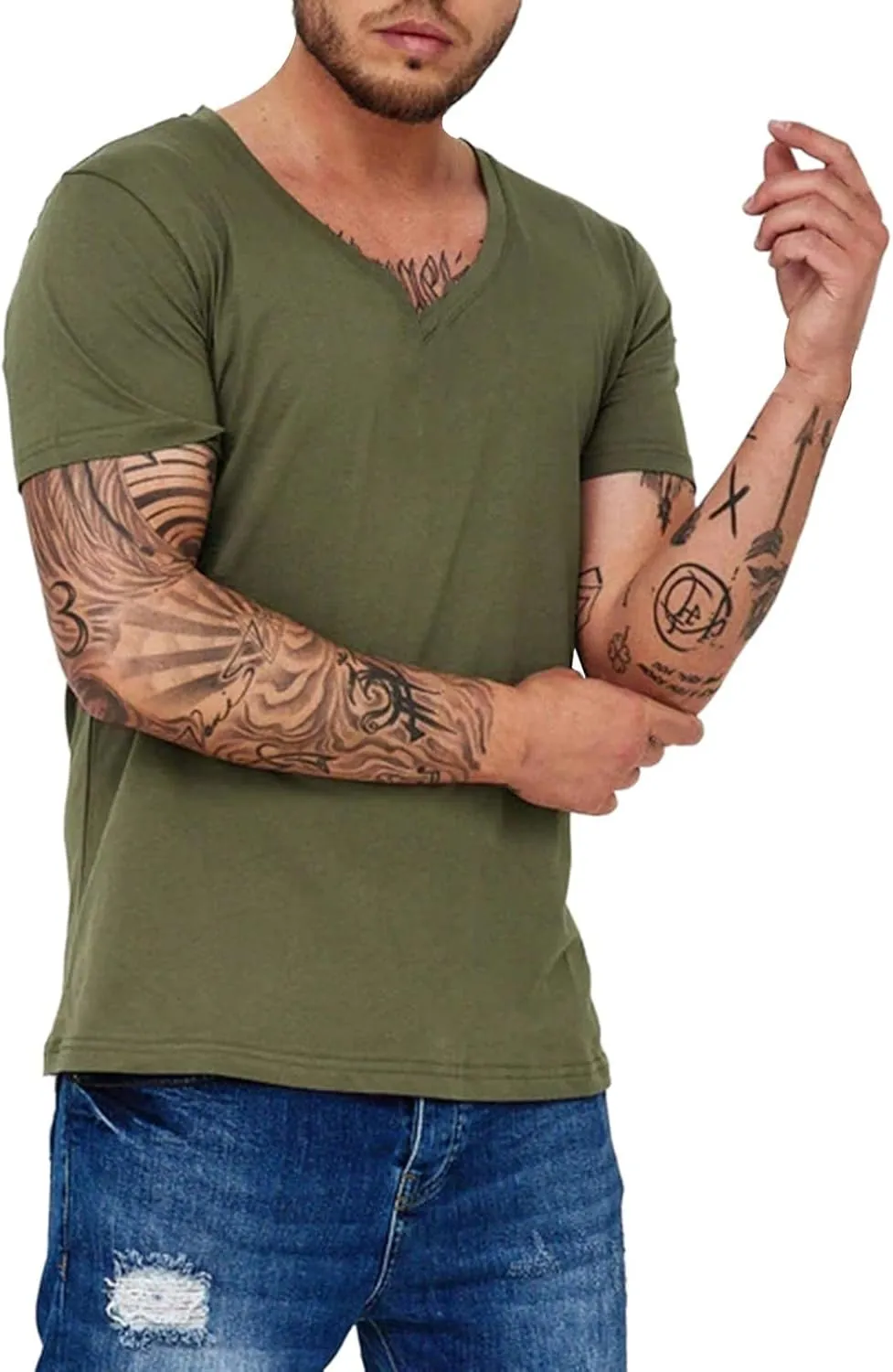 Men's Workout V Neck T Shirt Short Sleeve Breathable Stretch Athletic Training Muscle Shirt Moisture Wicking Gym Active Wear