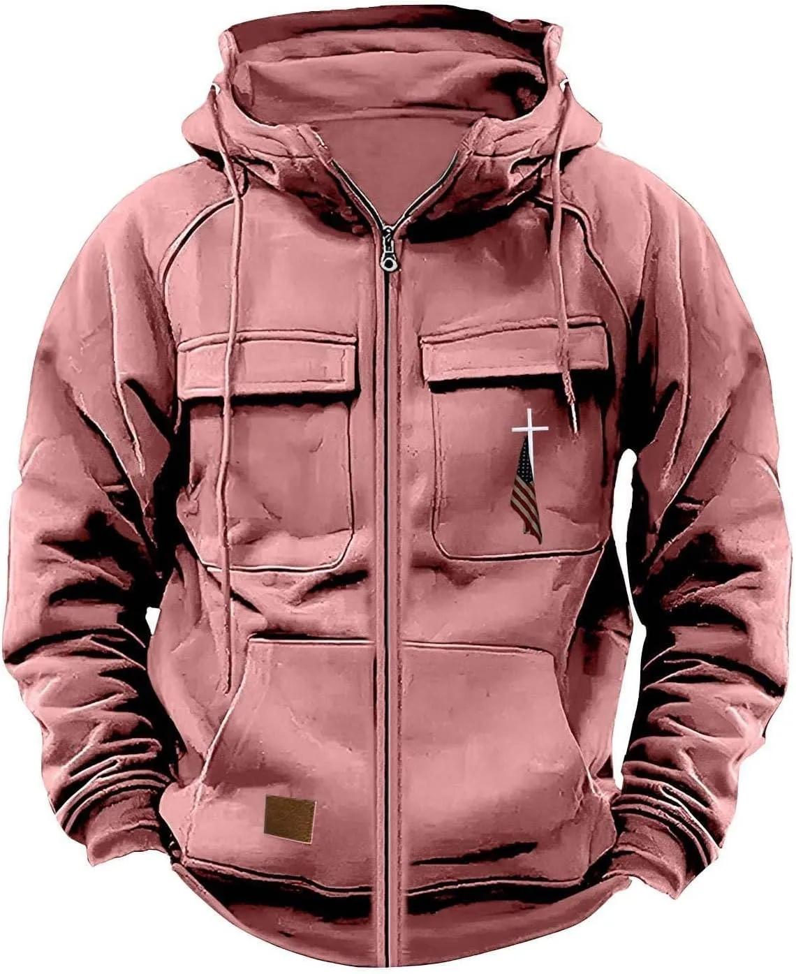 Men's Zip Up Cargo Hoodies USA Flag Printed Long Sleeve Drawstring Hooded Sweatshirts Classic Fit Vintage Jackets