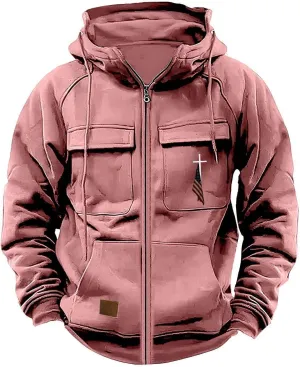 Men's Zip Up Cargo Hoodies USA Flag Printed Long Sleeve Drawstring Hooded Sweatshirts Classic Fit Vintage Jackets
