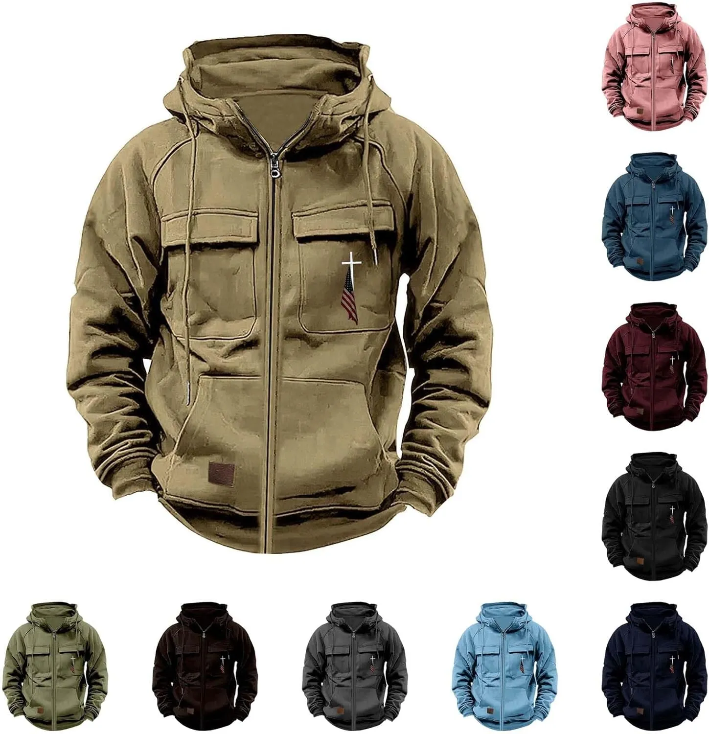 Men's Zip Up Cargo Hoodies USA Flag Printed Long Sleeve Drawstring Hooded Sweatshirts Classic Fit Vintage Jackets