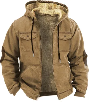 Mens Zip Up Hooded Jackets Loose Fit Lightweight Vintage Military Tactical Hoodie with Pockets Warm Fleece Sport Coat