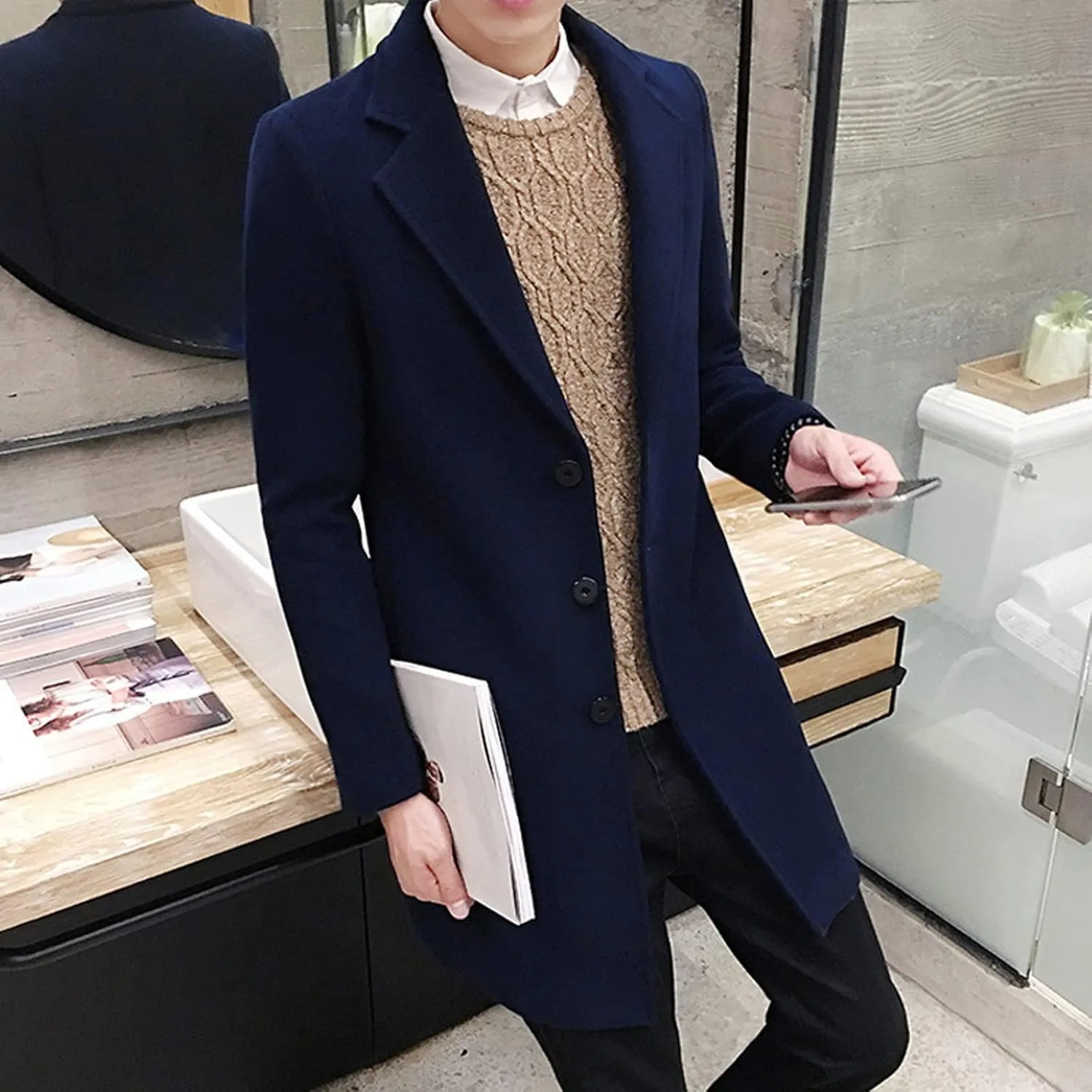 MIDOO Fleece Jacket Men Quarter Zip Men Autumn Winter Casual Solid Hooded Neck Long Sleeve Pocket Sweatshirt Zipper Coat