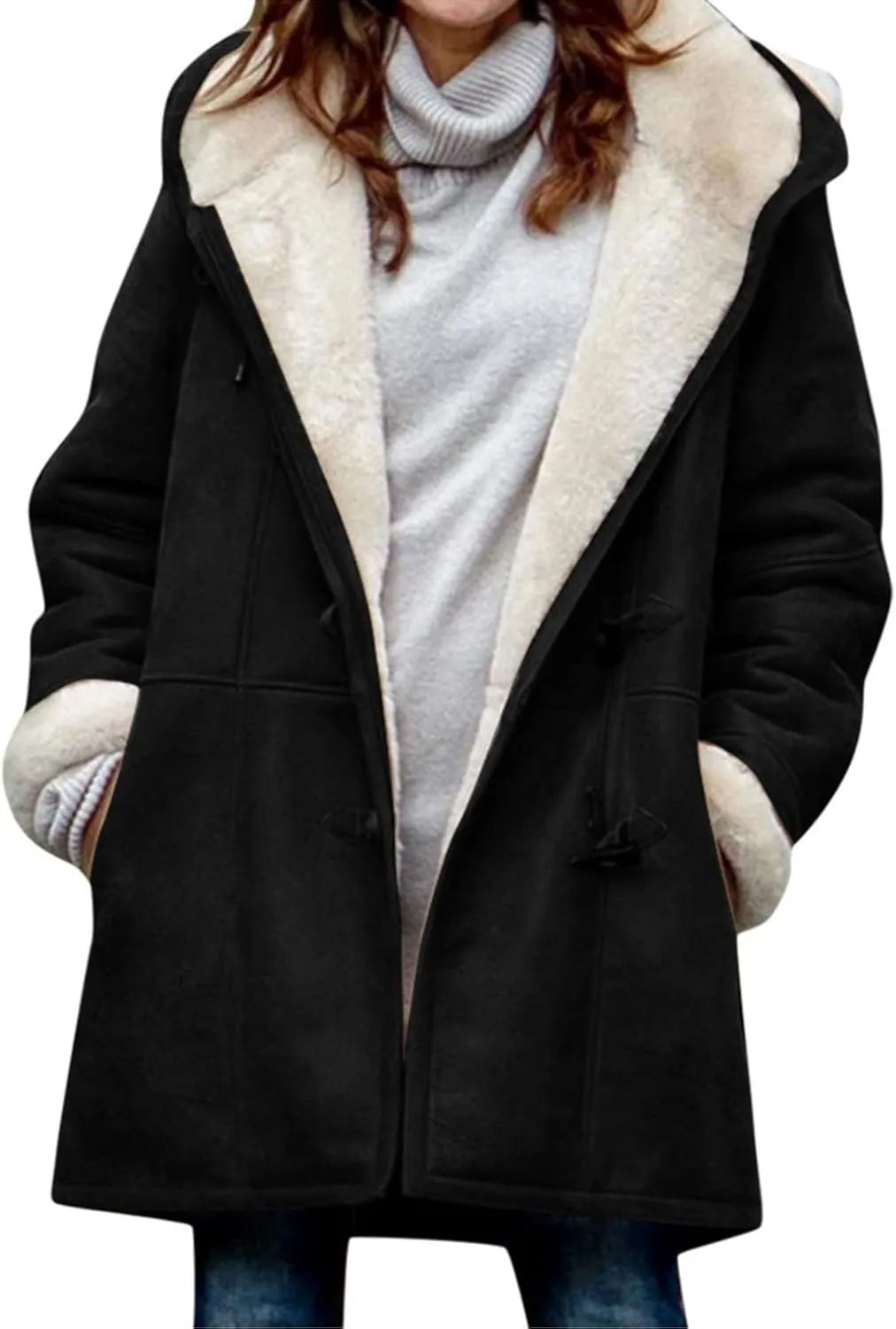 Ogiraw Womens Sherpa Lined Jackets Fashion Winter Fuzzy Fleece Hoodie Sweatshirt Casual Soft Cozy Horn Button Down Coats