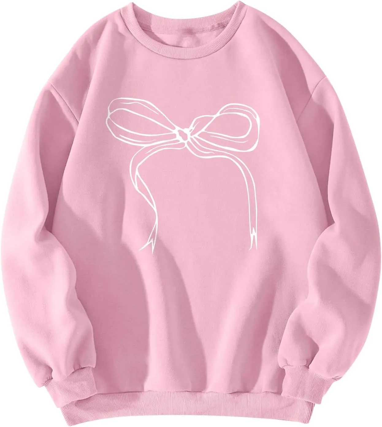 Oversized Sweatshirt for Women Fleece Bow Print Crewneck Sweatshirts Long Sleeve Drop Shoulder Comfy Cotton Pullover