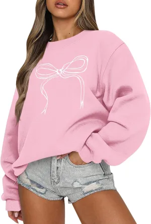 Oversized Sweatshirt for Women Fleece Bow Print Crewneck Sweatshirts Long Sleeve Drop Shoulder Comfy Cotton Pullover