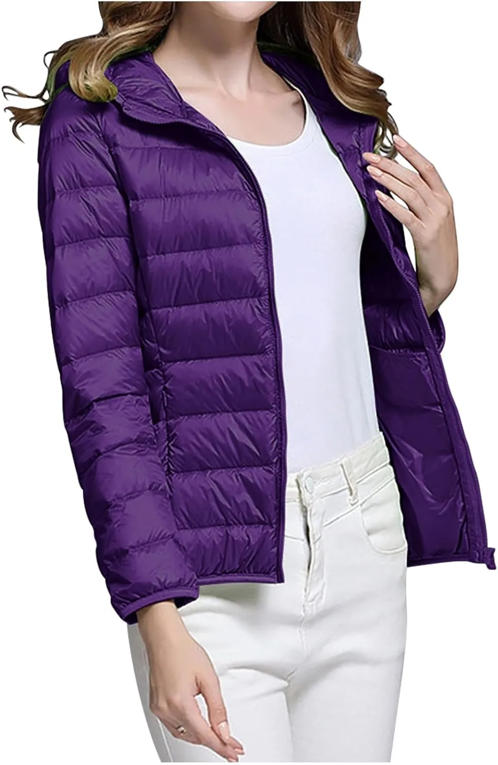Packable Puffer Jacket Women Lightweight Winter Down Jacket with Hood Quilted Puffer Jacket Casual Full Zip Outerwear