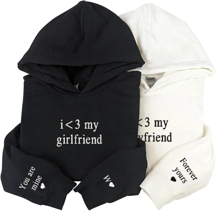 Personalized I Love My Girlfriend Boyfriend Embroidered Hoodie, Custom Forever yours You are mine With Initial Heart Hoodies, Matching Hoodies Couples, Embroidered Roman Numeral Hoodies
