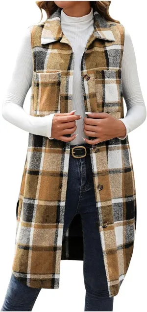 Plaid Longline Vest for Women Checkered Sleeveless Button Down Vest Pockets Fall Winter Open Front Outerwear Layering