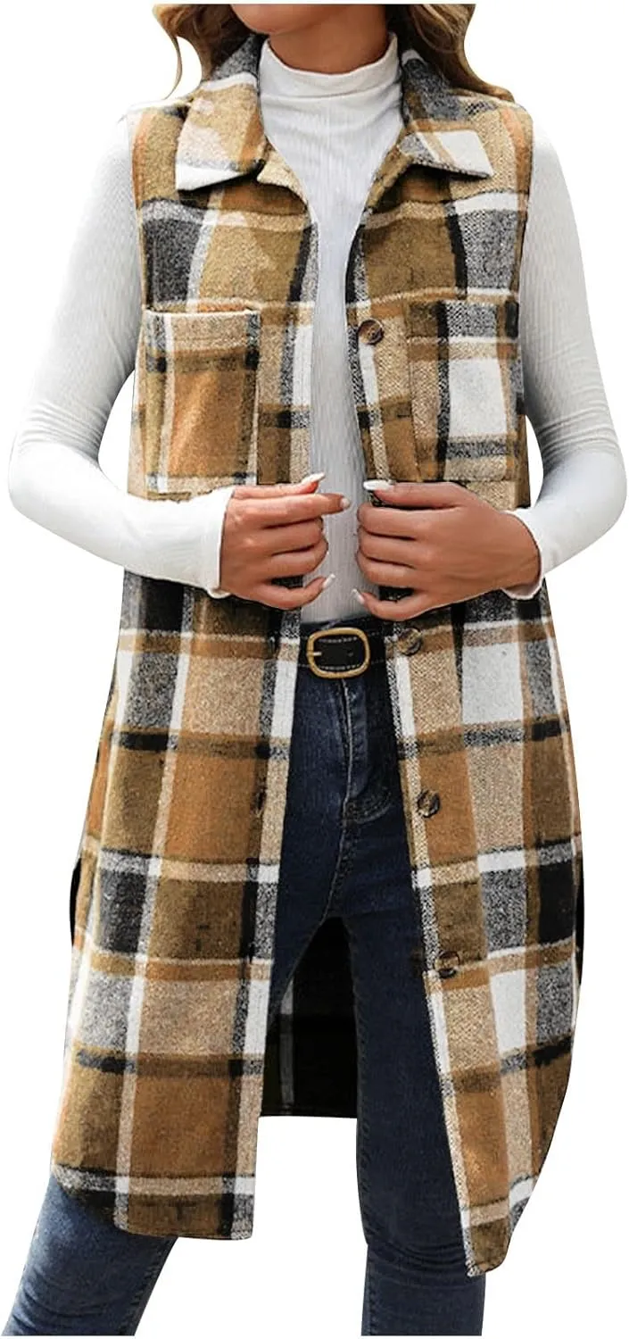 Plaid Longline Vest for Women Checkered Sleeveless Button Down Vest Pockets Fall Winter Open Front Outerwear Layering