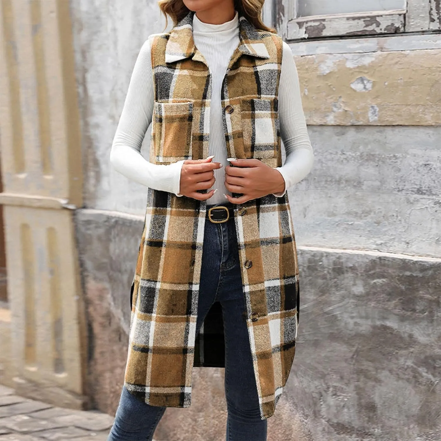 Plaid Longline Vest for Women Checkered Sleeveless Button Down Vest Pockets Fall Winter Open Front Outerwear Layering