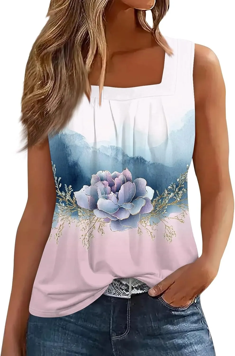 Plus Size Tops for Women Summer Tank Top Loose Fit Pleated Square Neck Sleeveless Tees Curved Hem Flowy Tunics