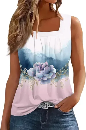 Plus Size Tops for Women Summer Tank Top Loose Fit Pleated Square Neck Sleeveless Tees Curved Hem Flowy Tunics