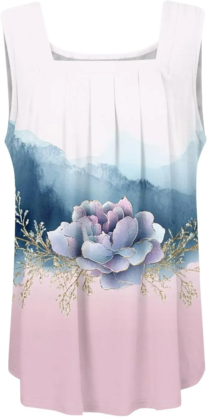 Plus Size Tops for Women Summer Tank Top Loose Fit Pleated Square Neck Sleeveless Tees Curved Hem Flowy Tunics