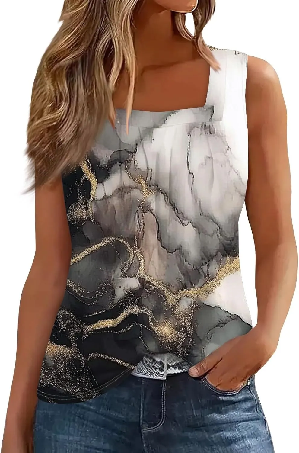 Plus Size Tops for Women Summer Tank Top Loose Fit Pleated Square Neck Sleeveless Tees Curved Hem Flowy Tunics